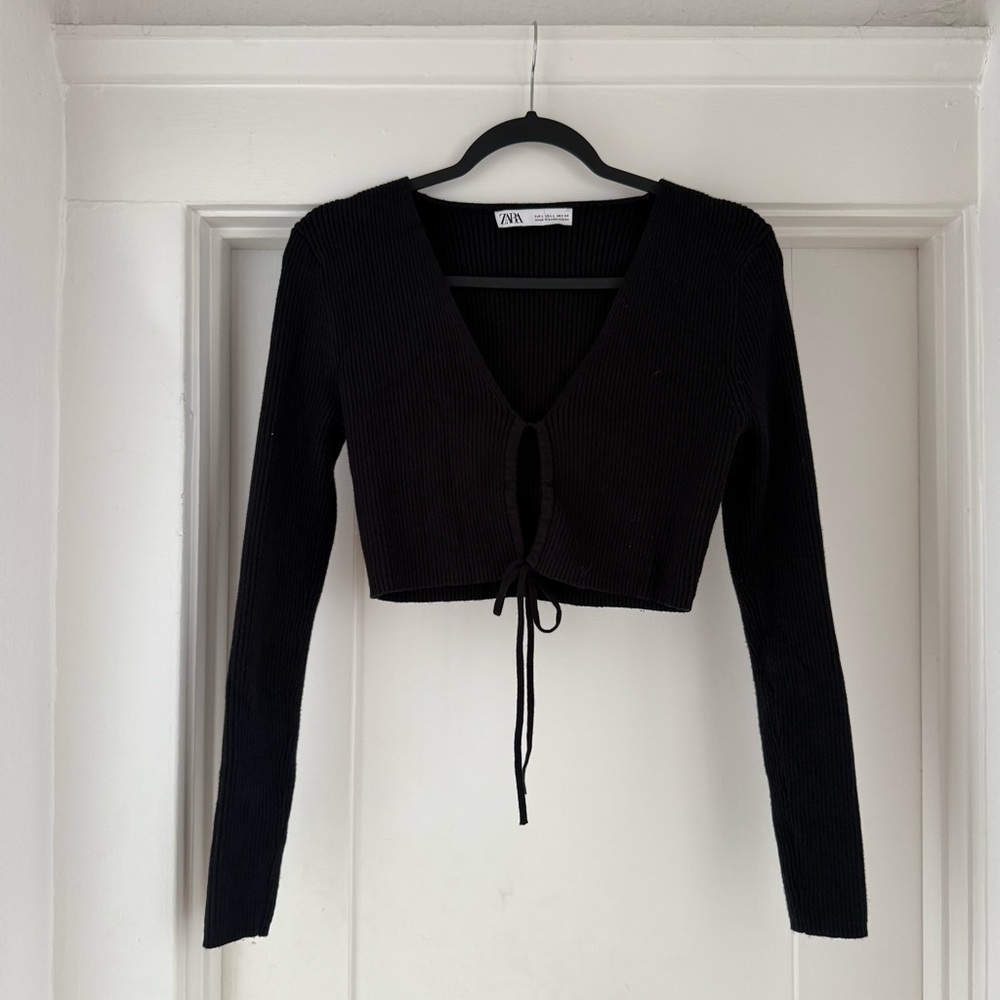 Black Ribbed Knit Tie-Front Cropped Sweater